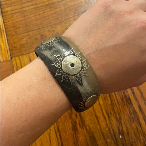 Horn and Sterling Silver Bangle Bracelet - Picture 1 of 6